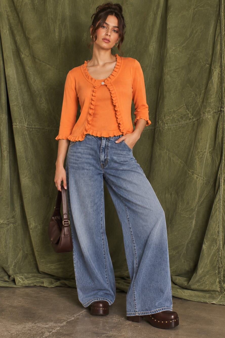 Studio Works Orange Ruffle Trim Cardigan Sweater Womens Medium NWT